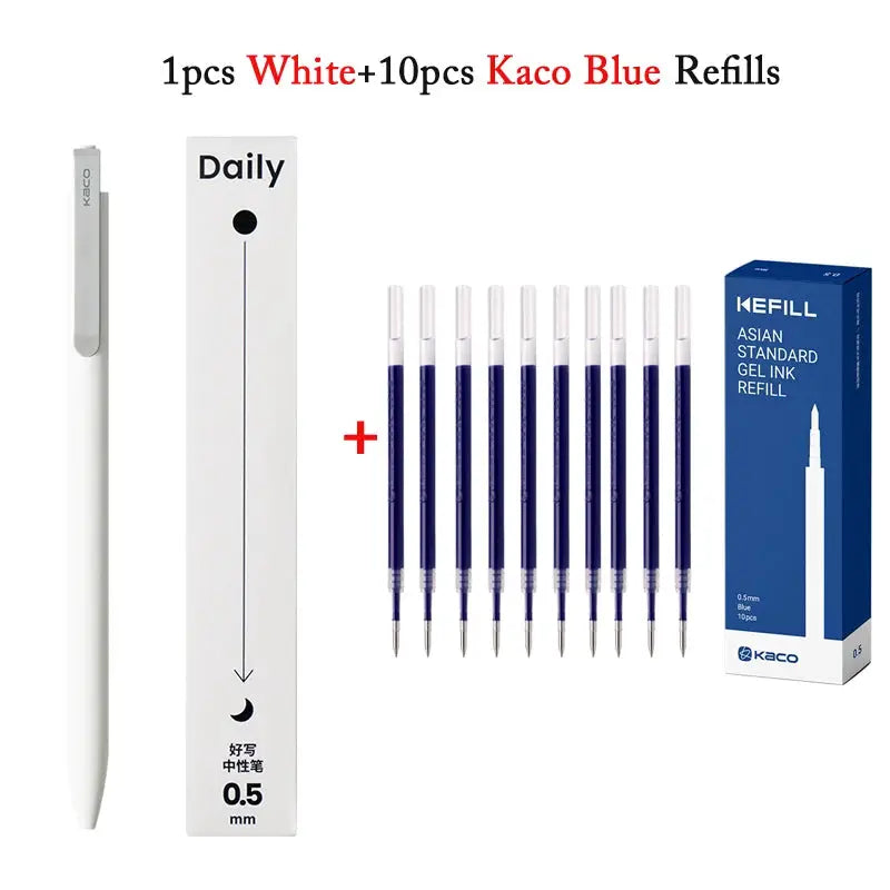 KACO white gel pen with metal clip, 0.5mm tip, plus 10 blue refills and KEFILL refill box