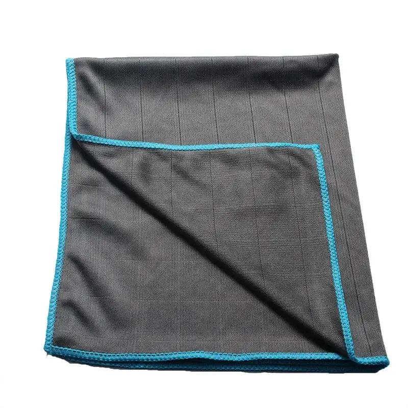 Lint Free Carbon Fiber Cleaning Cloth gray with blue trim; reusable rag for glass and window polishing.