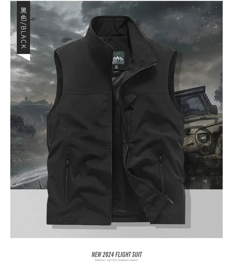Men's black windproof waterproof sleeveless biker vest for outdoor riding