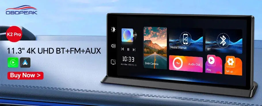 OBDPEAK K8 Pro dash cam with 11.3-inch AI touchscreen, front 5K rear 1080p, CarPlay & Android Auto
