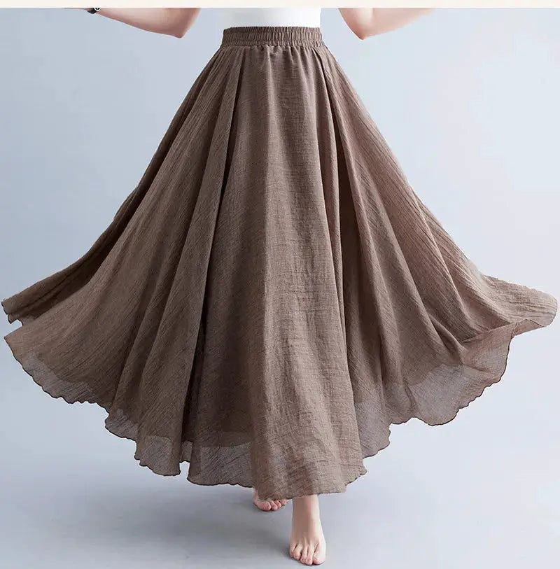 Simples Market brown cotton-linen long skirt with elastic waist, flowing A-line design