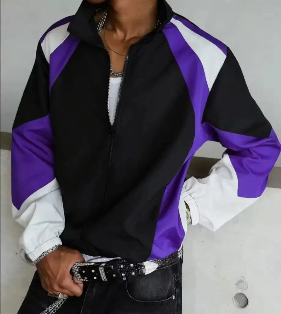 Men's color-blocked lightweight jacket from Simples Market; black with purple and white panels, windproof casual wear.