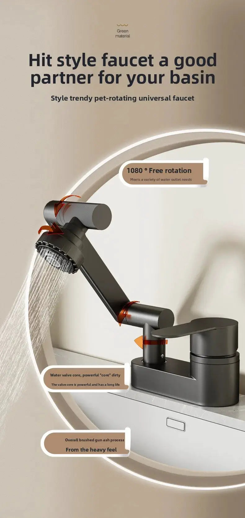 Wash basin faucet by Simples Market with double-hole design, black finish, 2-mode rotating nozzle