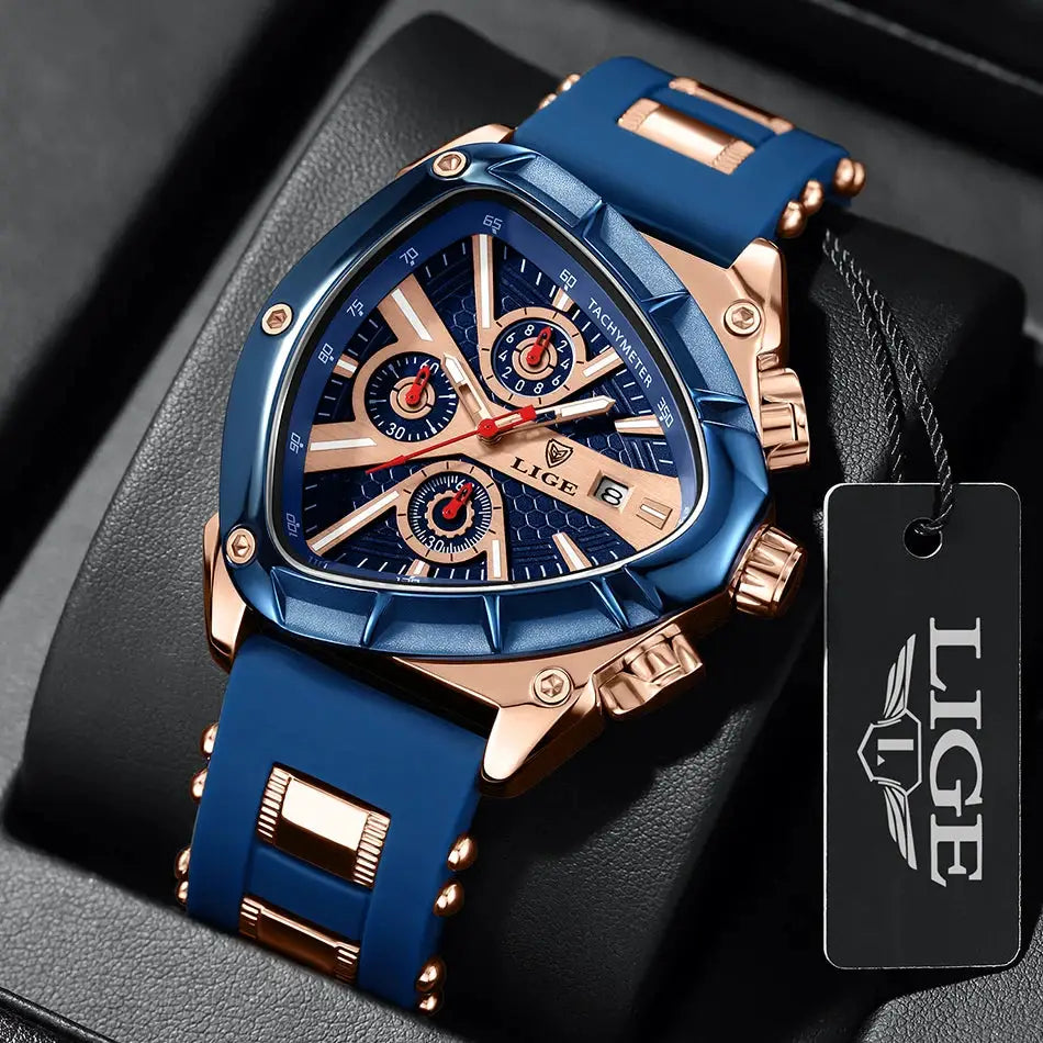 LIGE men's watch with blue silicone strap and rose-gold case; blue dial, three subdials, tachymeter, tag visible.