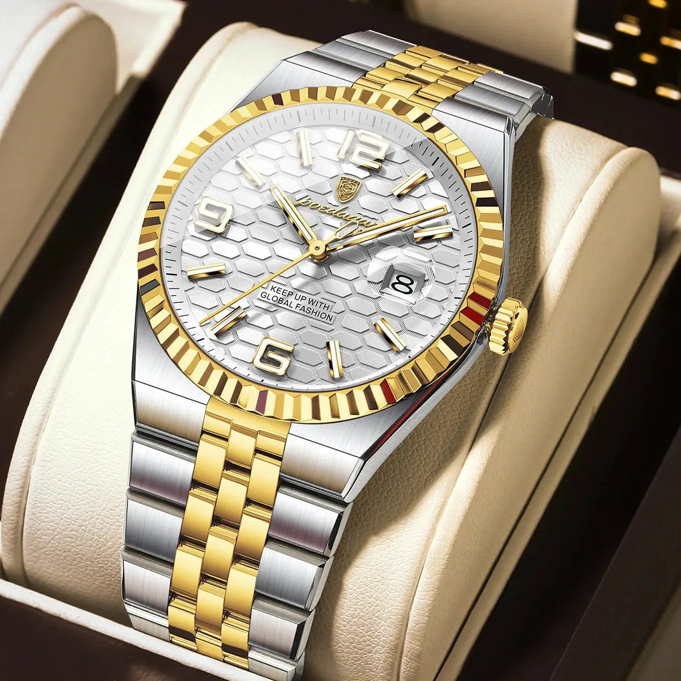 POEDAGAR men's luxury two-tone stainless steel watch with gold bezel, honeycomb dial, date window in box.
