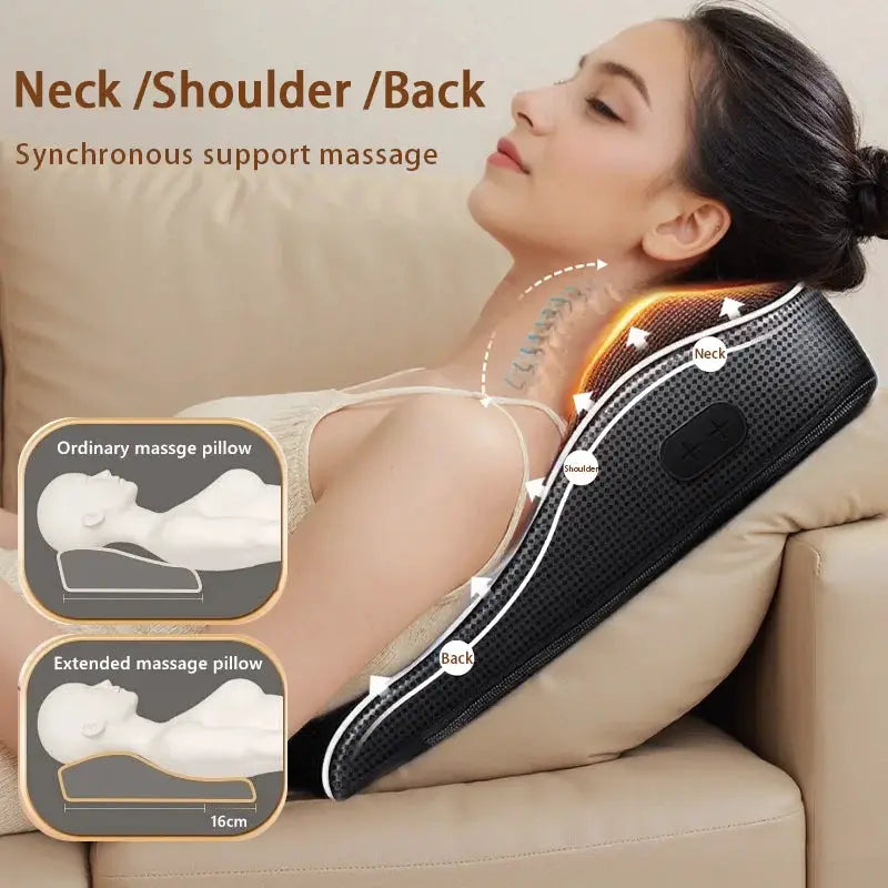 Electric neck and shoulder massager pillow with heat and vibration, black neck-worn device.