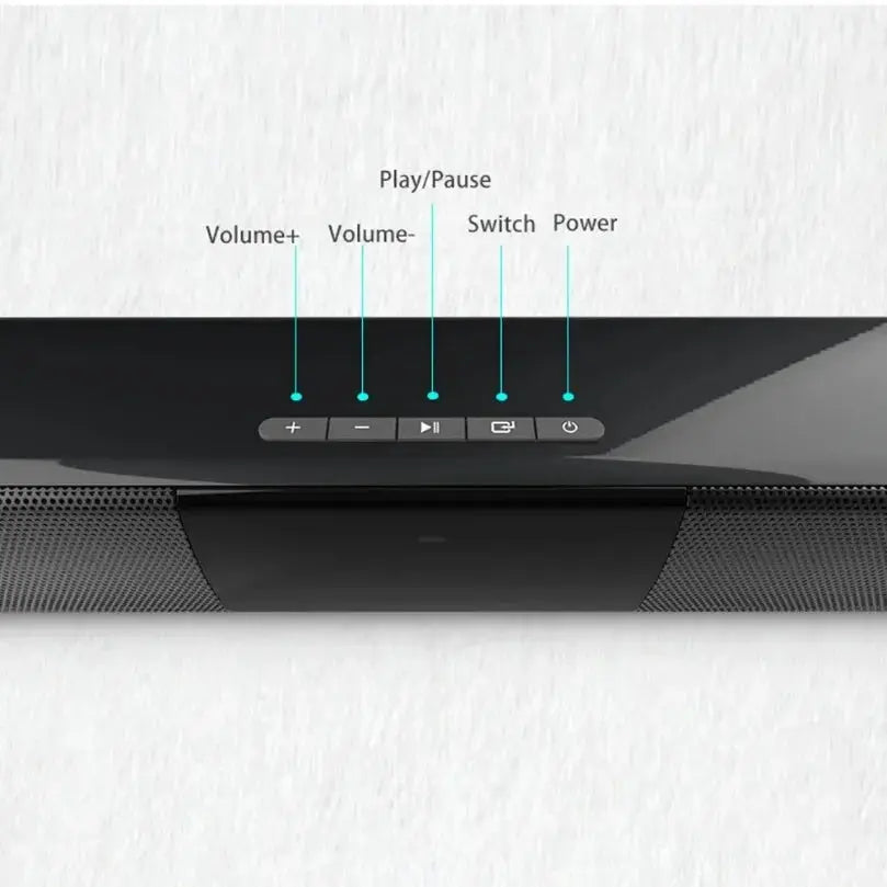 XIKCU soundbar in black with top control panel and remote.