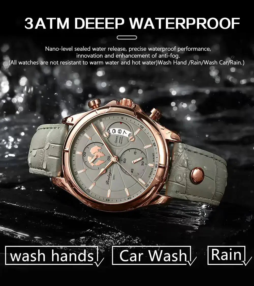 POEDAGAR men's sports watch with rose-gold case, gray dial, chronograph, date, waterproof, gray leather strap