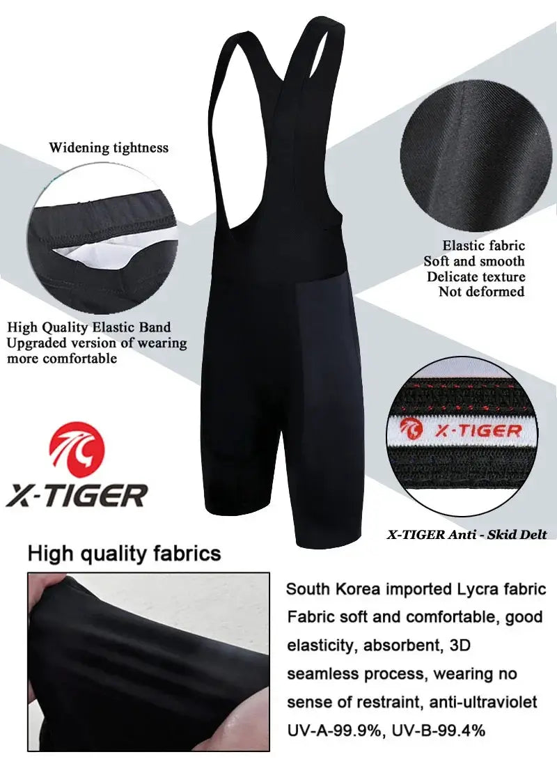 X-TIGER men's cycling bib shorts in black Lycra with 5D Coolmax gel pad by Simples Market
