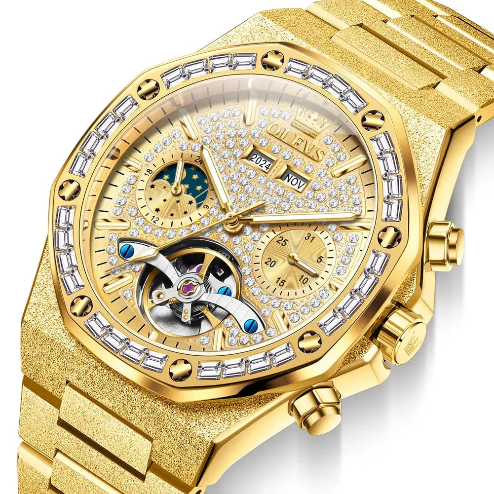 OLEVS gold steel men's luxury wristwatch with diamond-studded dial and visible tourbillon