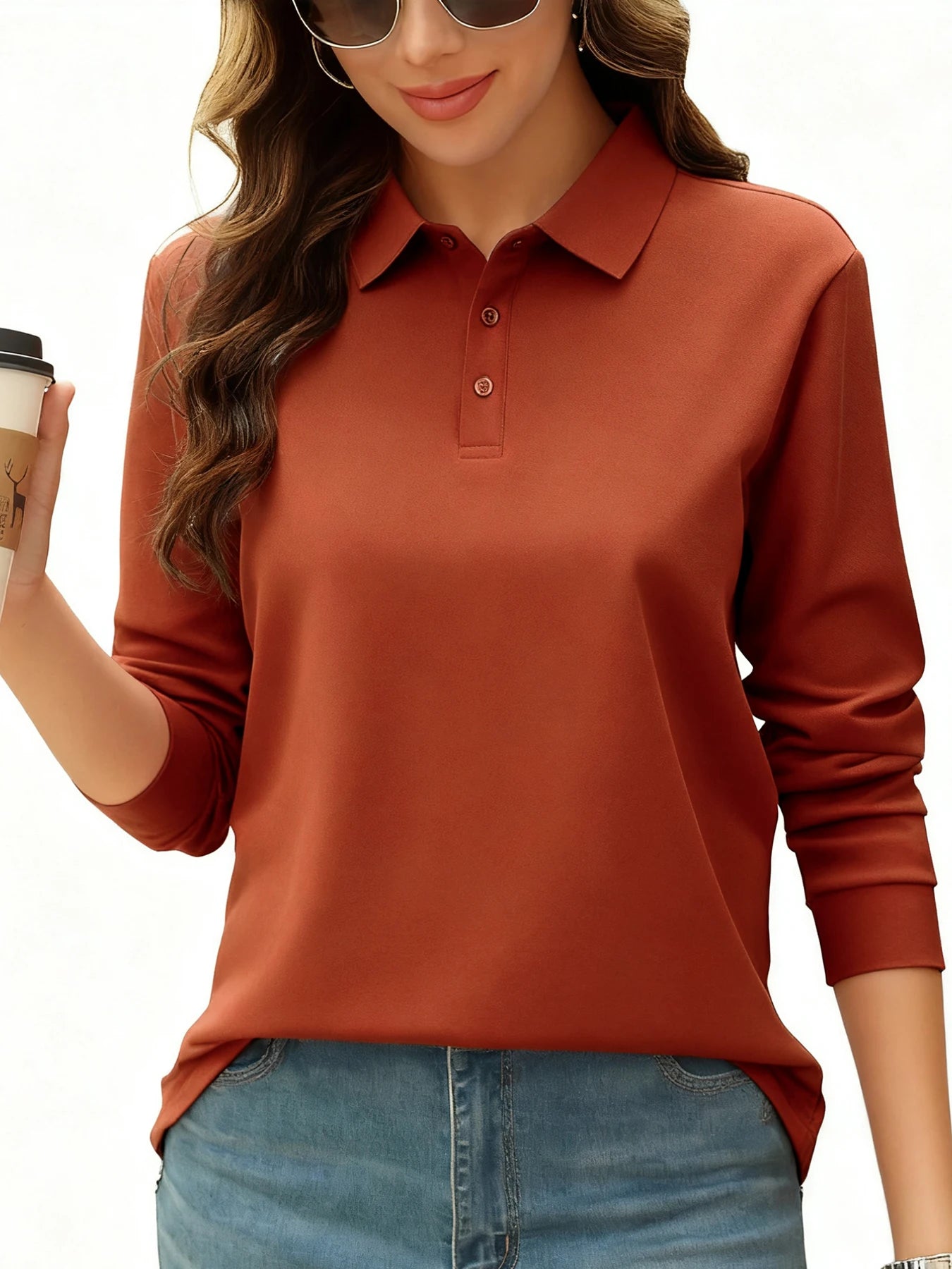 Solid Color Autumn Womens Long Sleeve Polo Shirt Lapel Streetwear