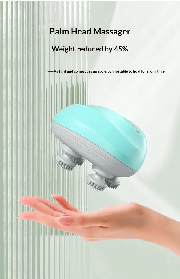 Simples Market palm scalp massager; teal and white electric massager with three rotating brush heads.