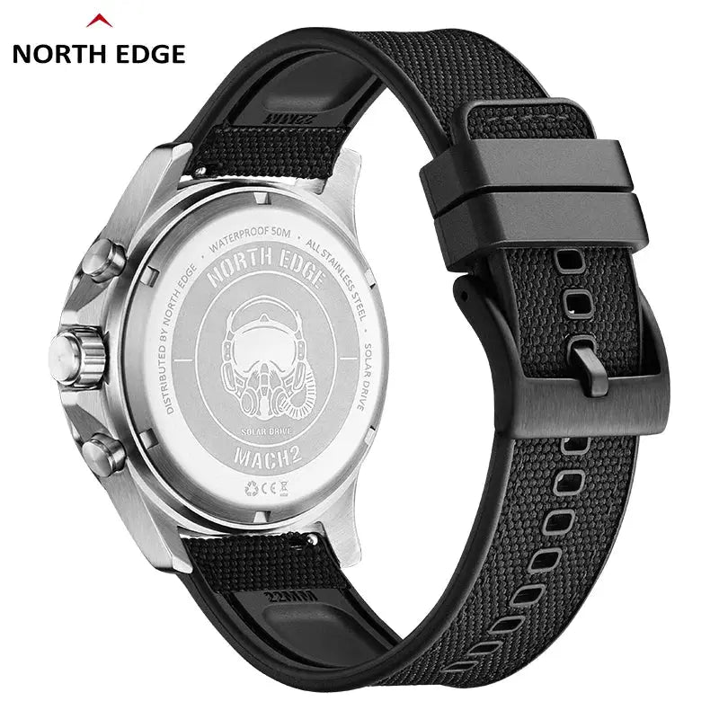 North Edge Mach 2 men's solar-powered watch with stainless steel case and black woven strap, 50M water resistant