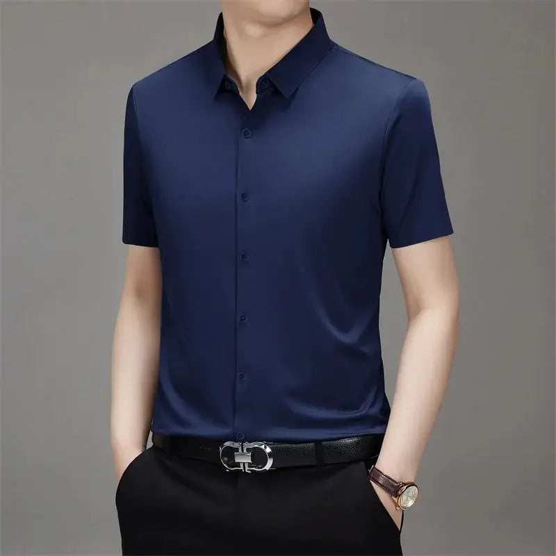 Men's navy short-sleeve button-down shirt, solid color, business casual style.