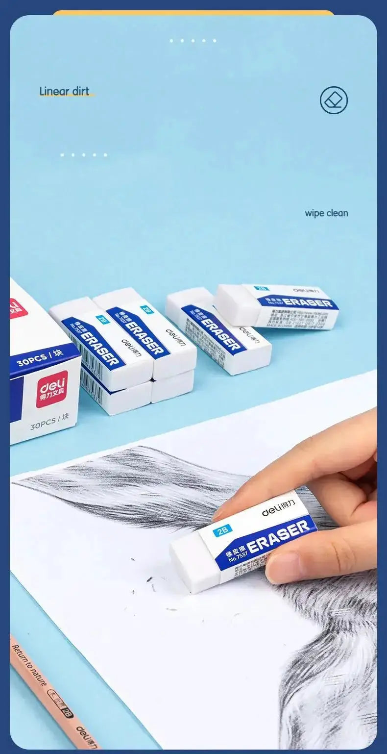 Deli 2B eraser set, 5/10pcs, white erasers with blue labels, shown with boxed erasers and a hand holding one