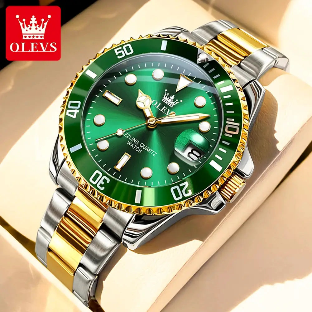 OLEVS 5885 men's watch with green dial and two-tone stainless steel strap