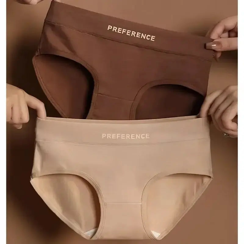 Two-pack women's cotton mid-waist briefs in warm tan and brown with Preference waistband branding.