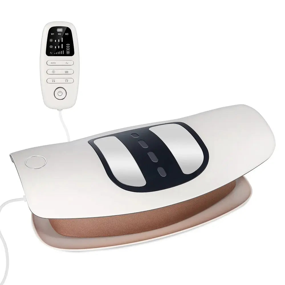 Electric lumbar traction massager with remote control, white belt-style device and brown cushioned pad