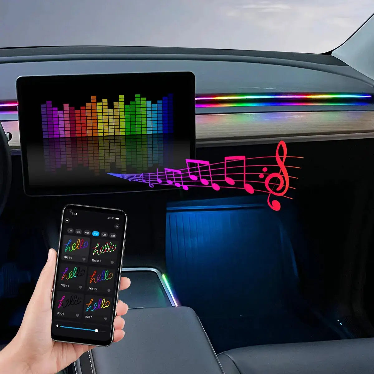Car LED ambient light strip by Simples Market, 110cm RGB acrylic interior lighting with app remote.