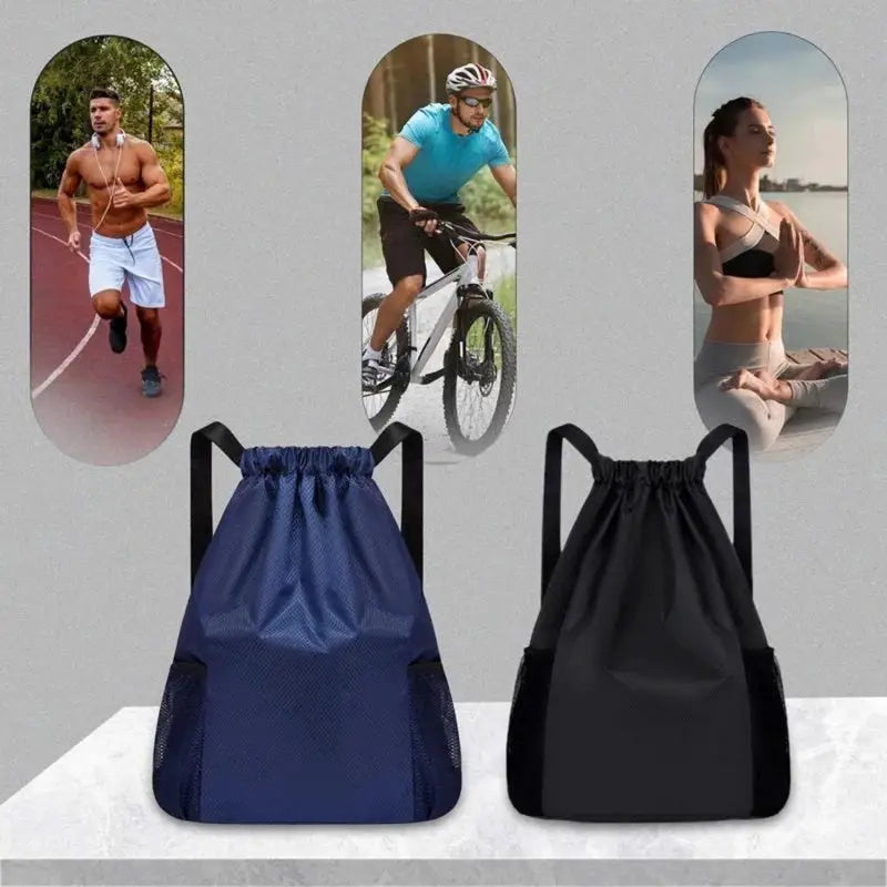 Drawstring backpacks, two blue and black, with large capacity and side pockets for unisex sports travel