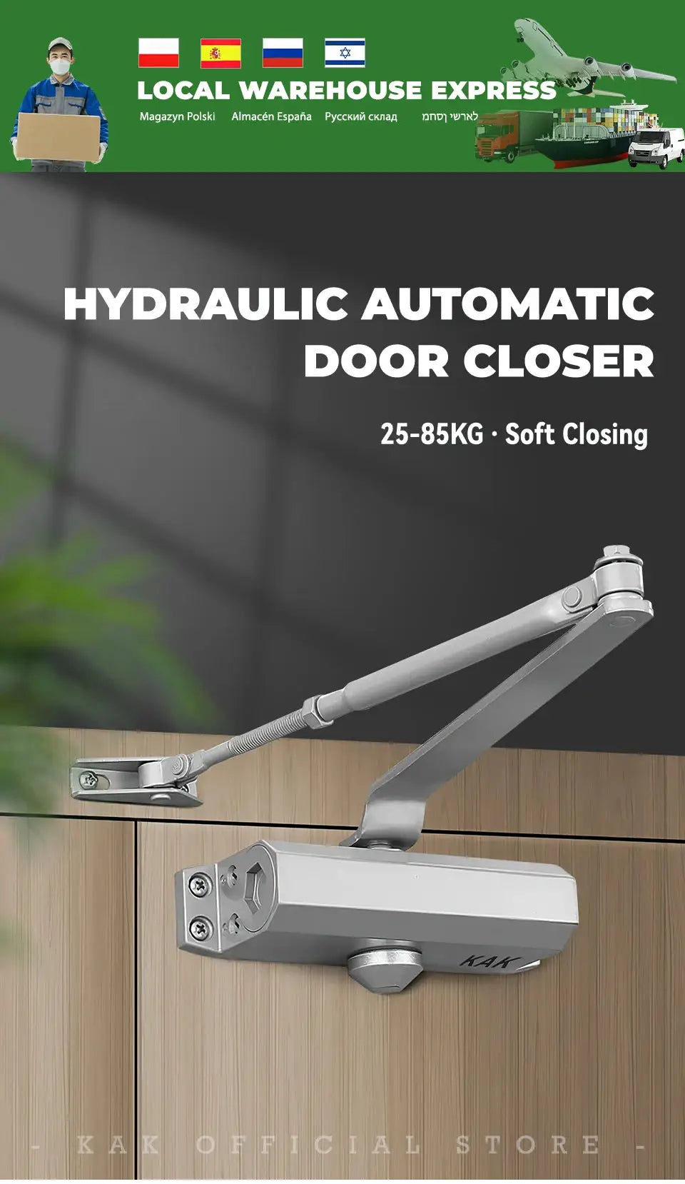 KAK hydraulic automatic door closer by Simples Market; silver metal, 25–80 kg capacity, adjustable speed