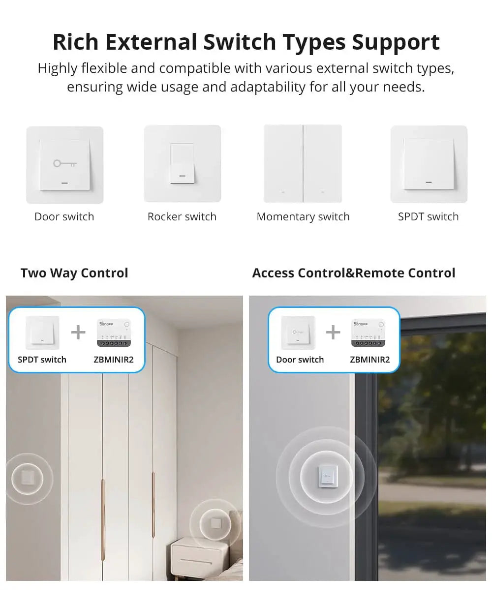 SONOFF ZBMINIR2 Zigbee external smart switch module by Simples Market white unit, works with Alexa