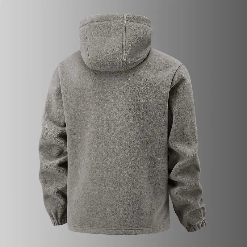 Men's gray fleece hooded jacket, thick warm windproof outdoor coat