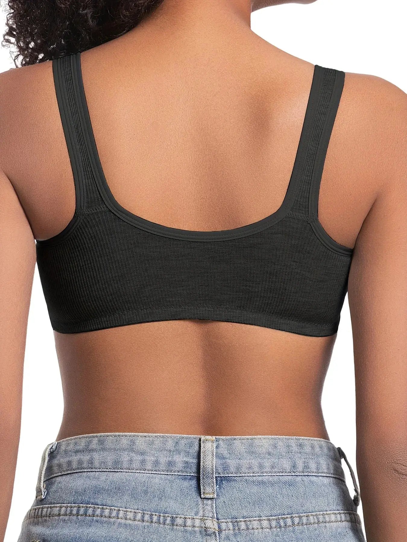 Women's black wire-free front-closure bra with full-coverage cups, back view.
