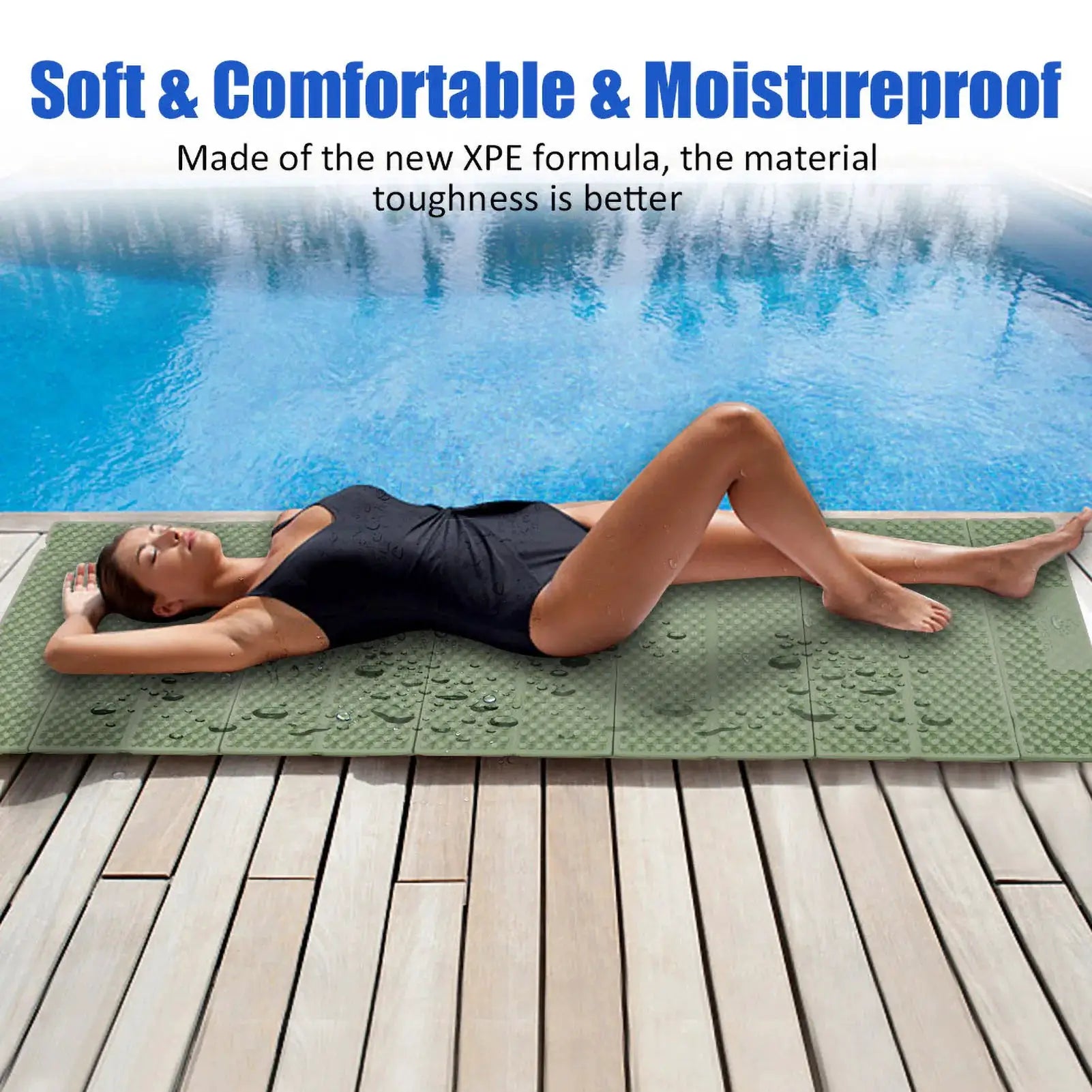 Simples Market outdoor sleeping pad, green travel mat laid on pool deck with a woman lying on it