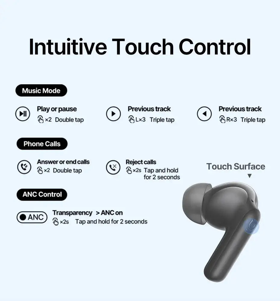Baseus Bass EP10 wireless earbuds in gray with intuitive touch controls and 65-hour battery life.