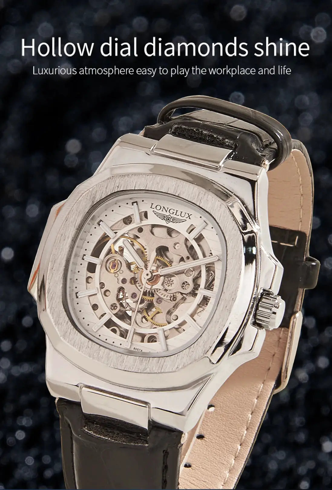 Men's skeleton automatic watch by Longlux with silver-tone case and brown leather strap.