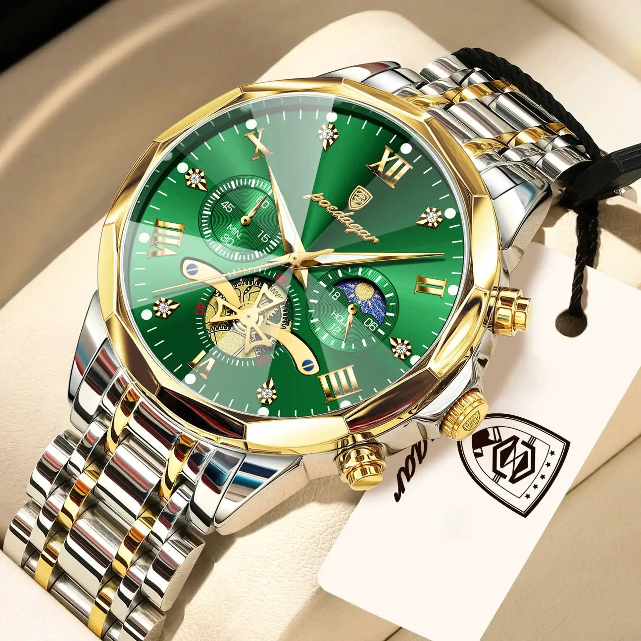 POEDAGAR Exquisite Business Mens Watch Waterproof Luminous Chronograph Luxury Stainless Steel Quartz Wristwatch