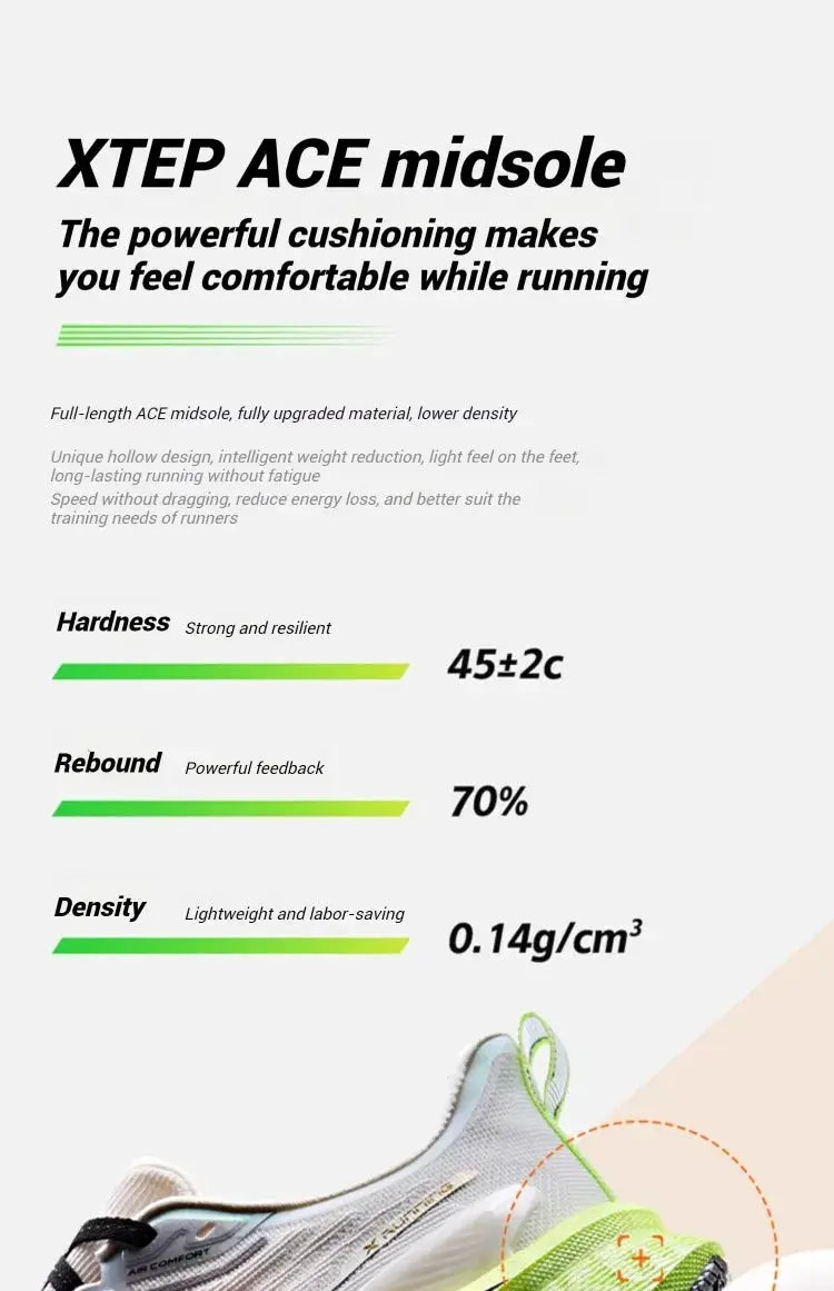 Xtep men's running shoes with lime green accents, white upper, lightweight cushioned wear-resistant sneakers