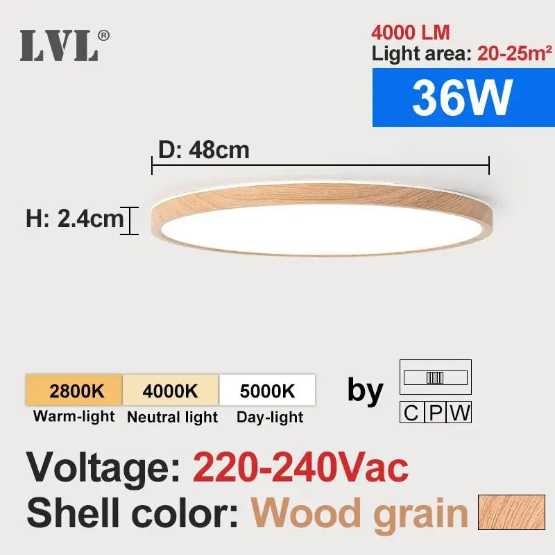 LVL LED round ceiling light with wood-grain ring and white diffuser, 36W, 48cm diameter