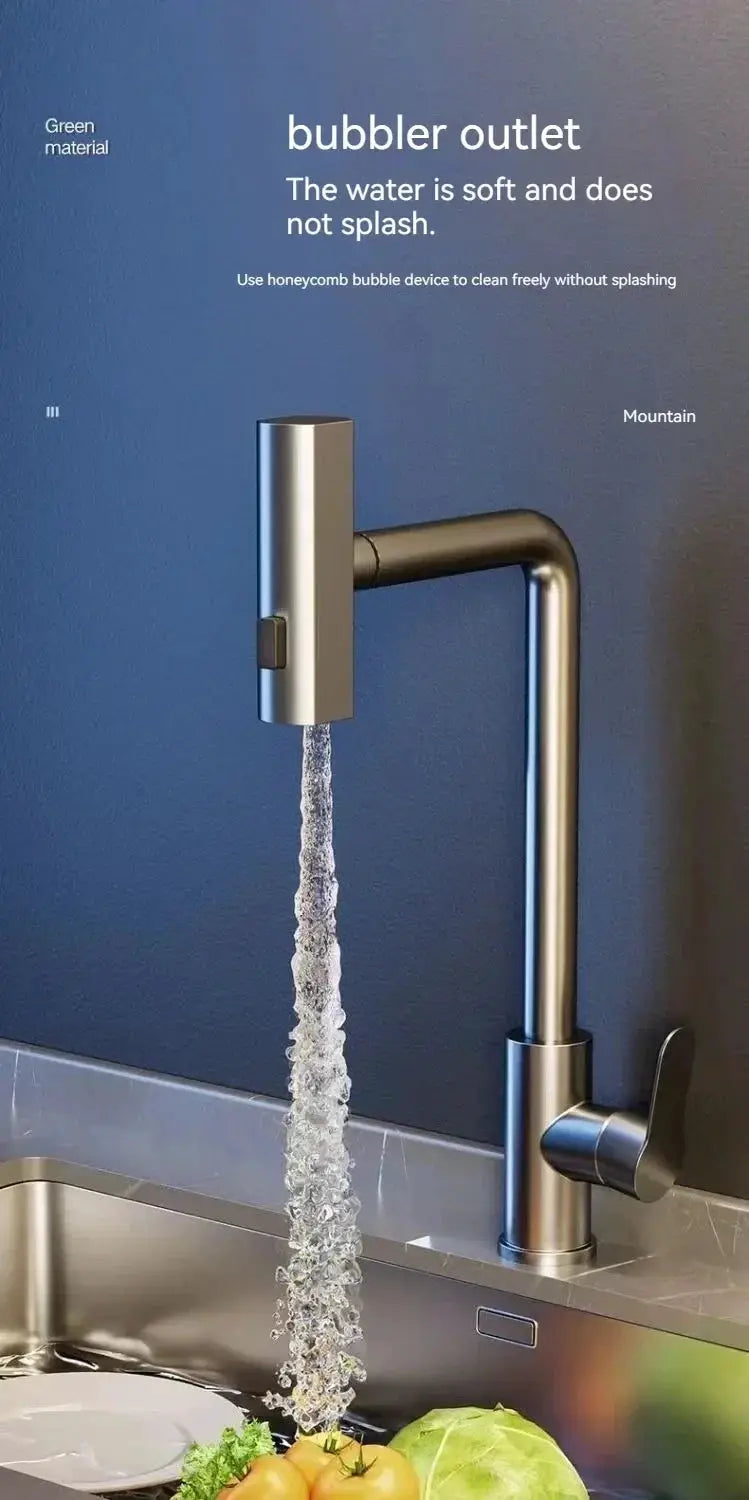 Simples Market stainless steel pull-out kitchen faucet, deck-mounted with flexible hose.