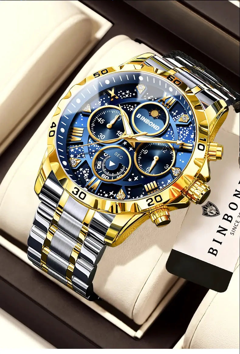 BINBOND men's luxury two-tone gold and stainless steel quartz chronograph watch with blue dial