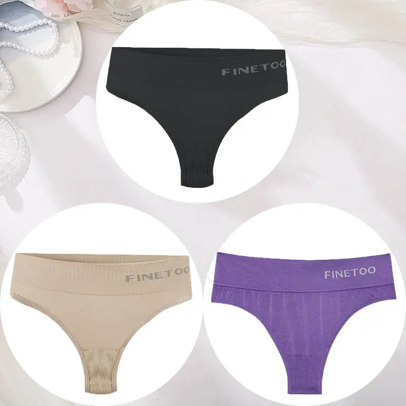 3-pack FINETOO women's high-waist seamless thong underwear in black, beige and purple, size M-2XL