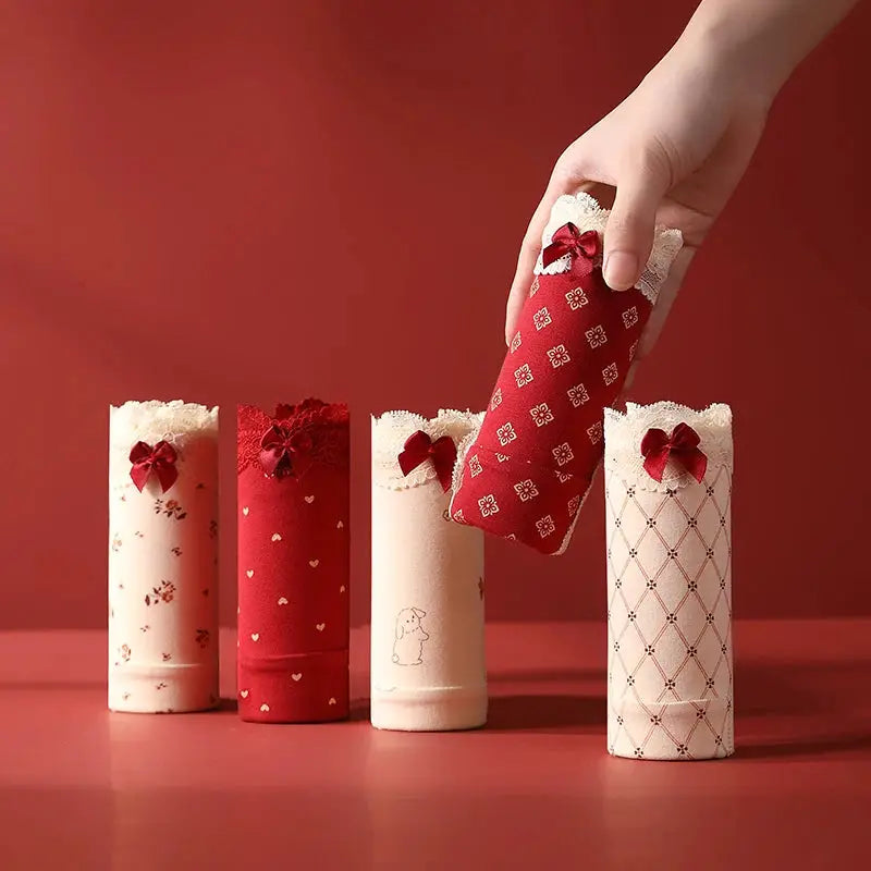 Five-piece women's cotton lace-trimmed panties set with Christmas-themed red and white patterns
