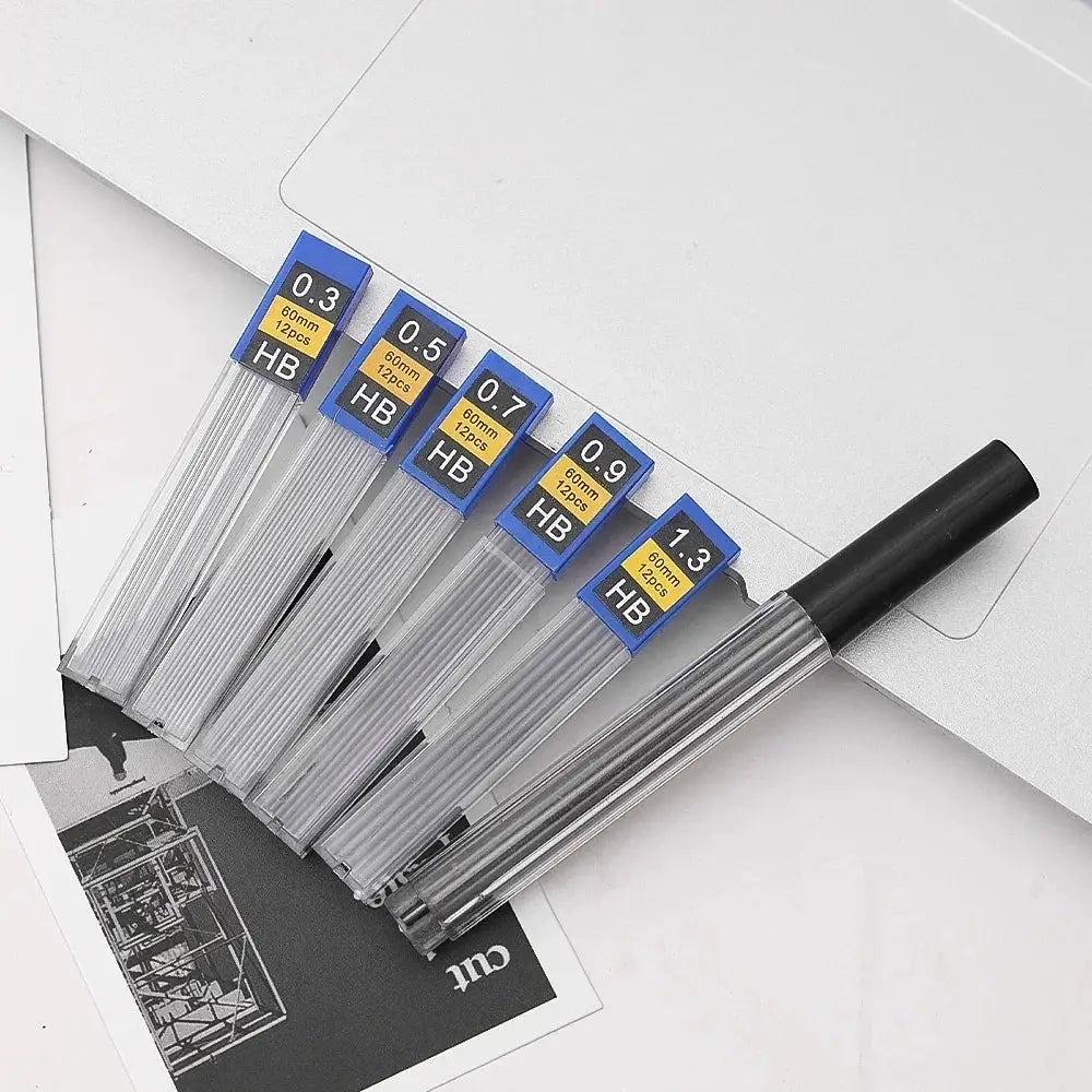 Metal mechanical pencil set with clear bodies and blue caps, five HB lead pencils in sizes 0.3-1.3mm