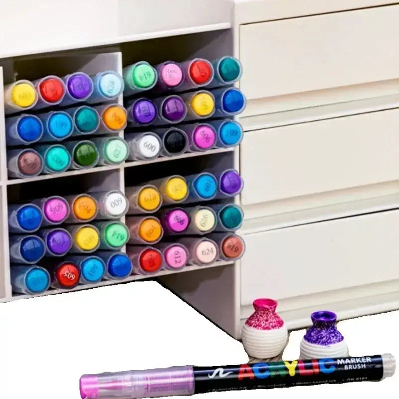 GUANGNA 16-color acrylic paint pens set in white storage rack; Simples Market brush markers for rock and ceramic crafts