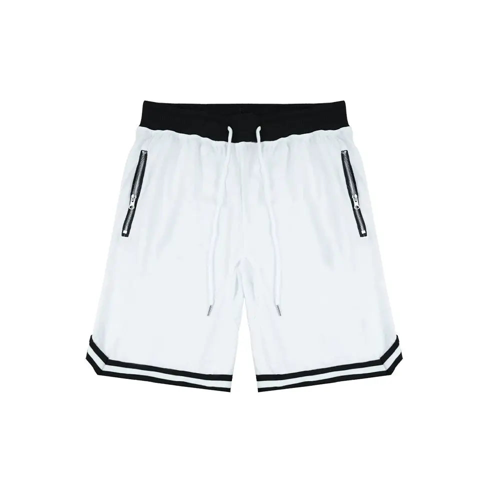 Men's basketball shorts, white with black elastic waistband, zippered side pockets, and a striped hem
