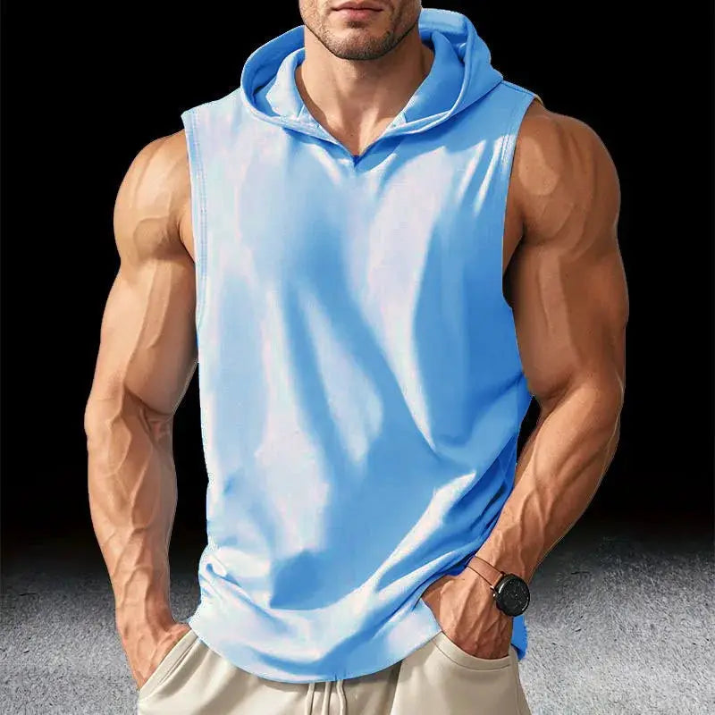 Men's hooded sleeveless running tank top in solid light blue