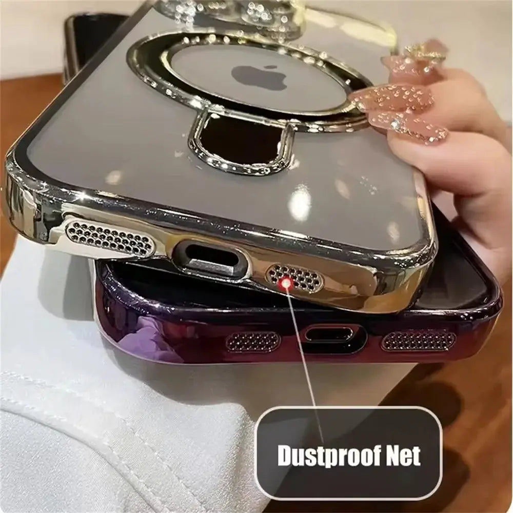 MagSafe phone case with wireless ring stand and lens protector by Simples Market, clear body with metallic frame