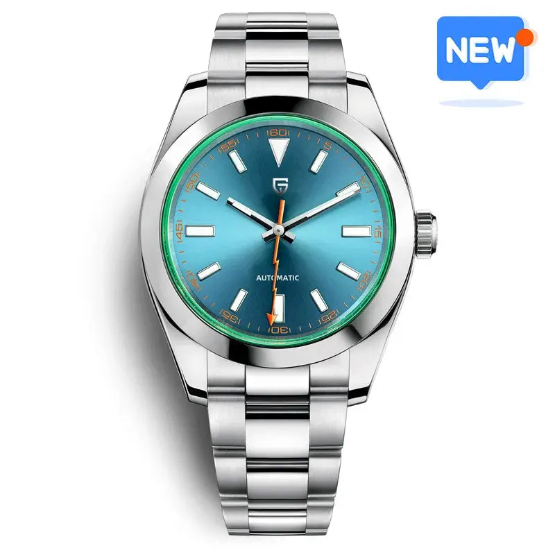 Pagani Design men's automatic wristwatch with blue-green dial, AR sapphire crystal, stainless steel bracelet