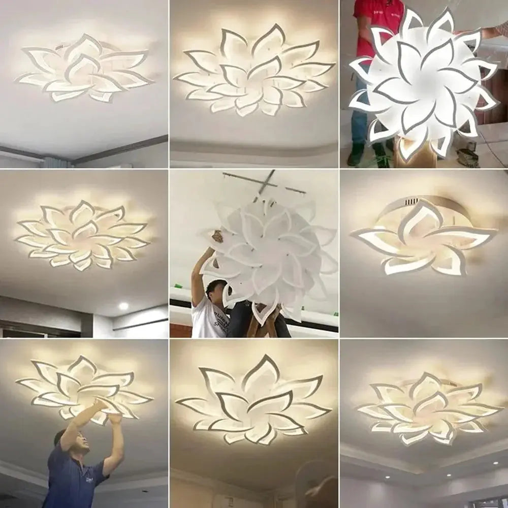 Modern LED ceiling light fixture with a flower design chandelier, white petals, dimmable, Simples Market