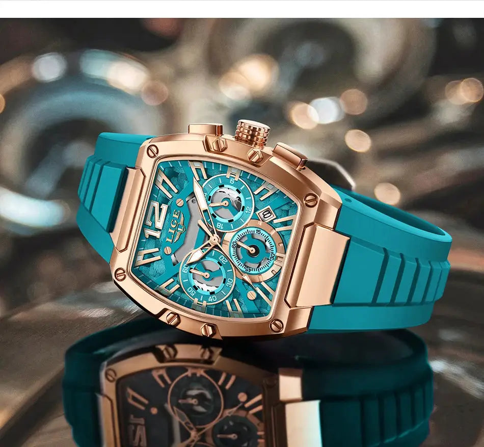 LIGE men's chronograph watch with turquoise silicone strap and rose-gold case