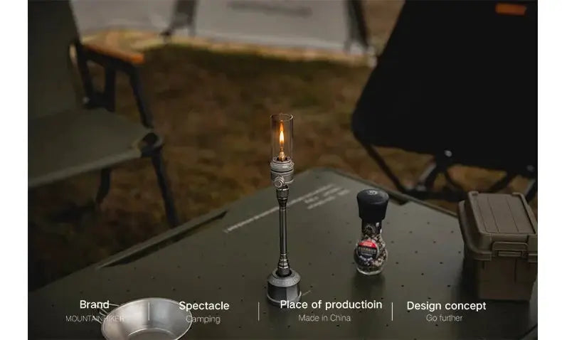 MOUNTAINHIKER outdoor gas light set on camping table, metallic finish, tabletop decor