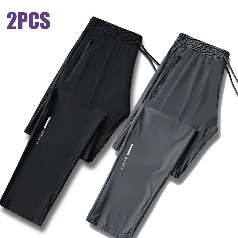 Men's ice silk pants, Simples Market, 2Pcs in black and gray with zip pockets and elastic waist