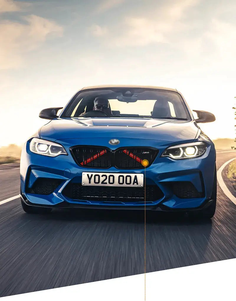 Car front grille trim strips for BMW by Simples Market on blue sports sedan