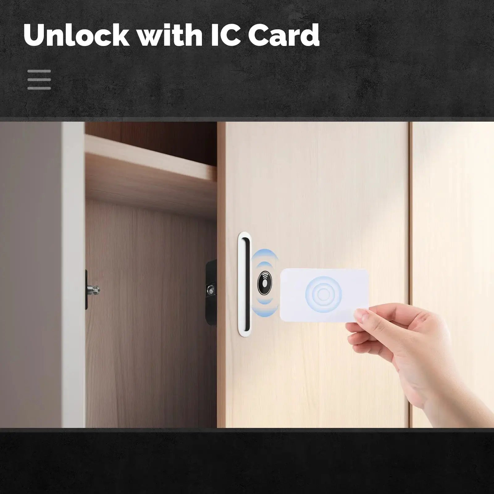 MOES smart Bluetooth drawer lock on light wood cabinet; hand holds IC card near lock.